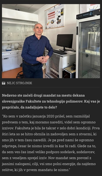 Intervju z dekanom, izr. prof. dr. Blažem Nardinom: Življenja brez plastike si danes ne moremo več predstavljati (Večer, 13. 2. 2024)